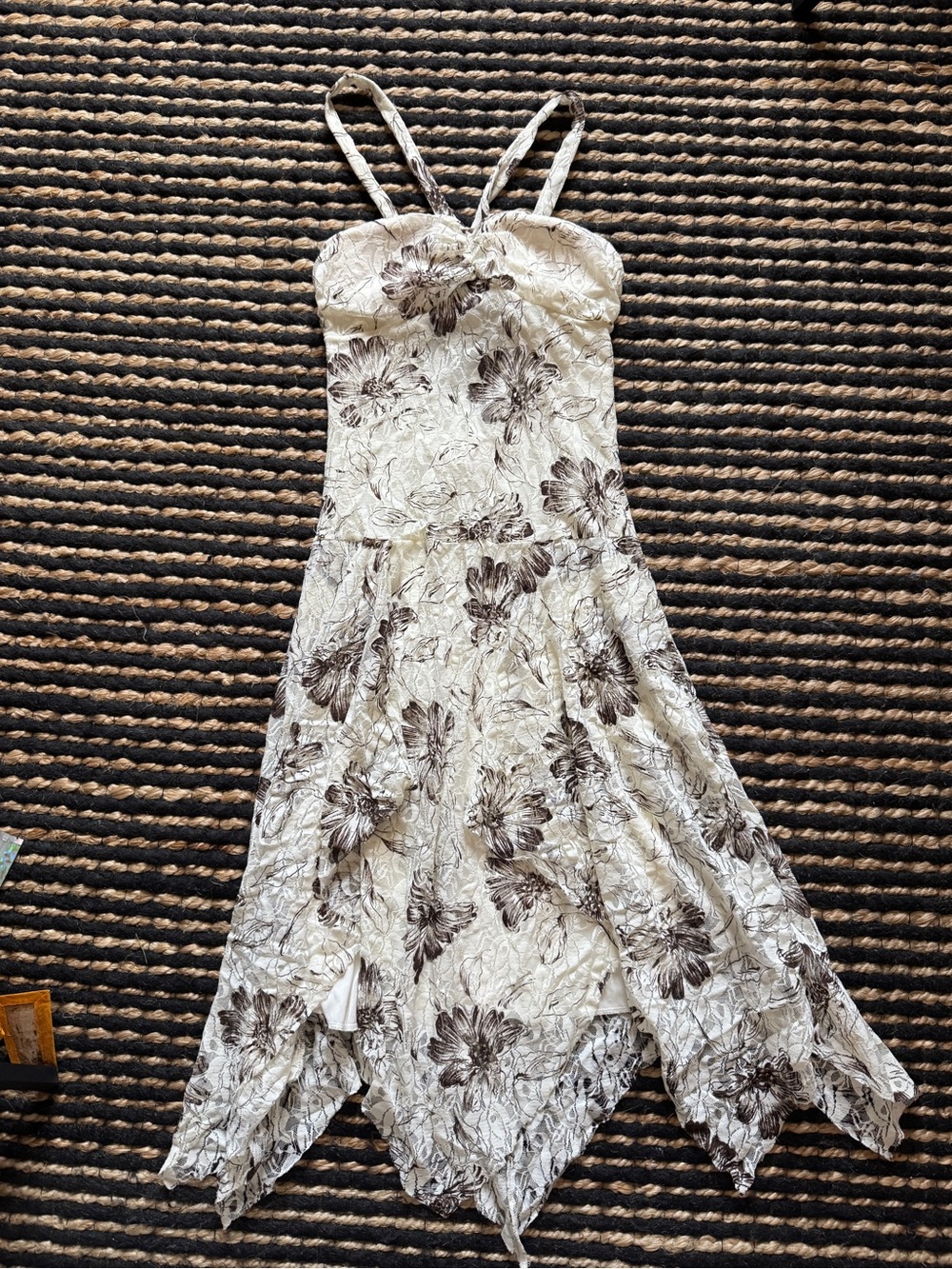 Floral Handkerchief Hem High-Low Dress in Ivory and Brown